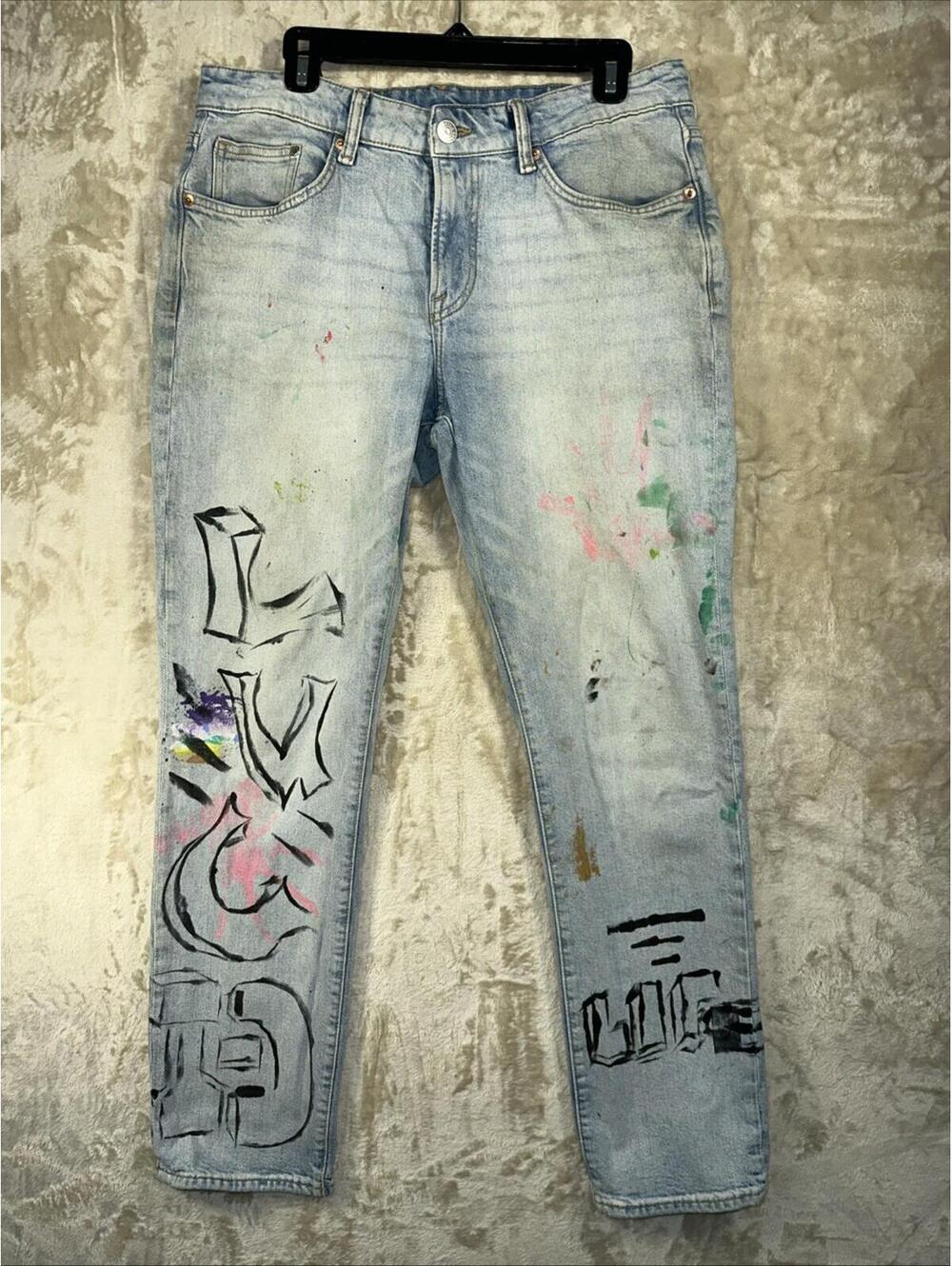H&M Light Blue Distressed Denim Jeans Straight Regular Fit Zip Mens Sz 34/32